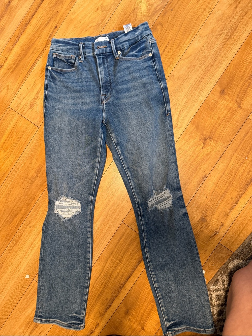 Good American ~ Distressed High Rise Skinnyish Mid-Blue Jeans size 4/27